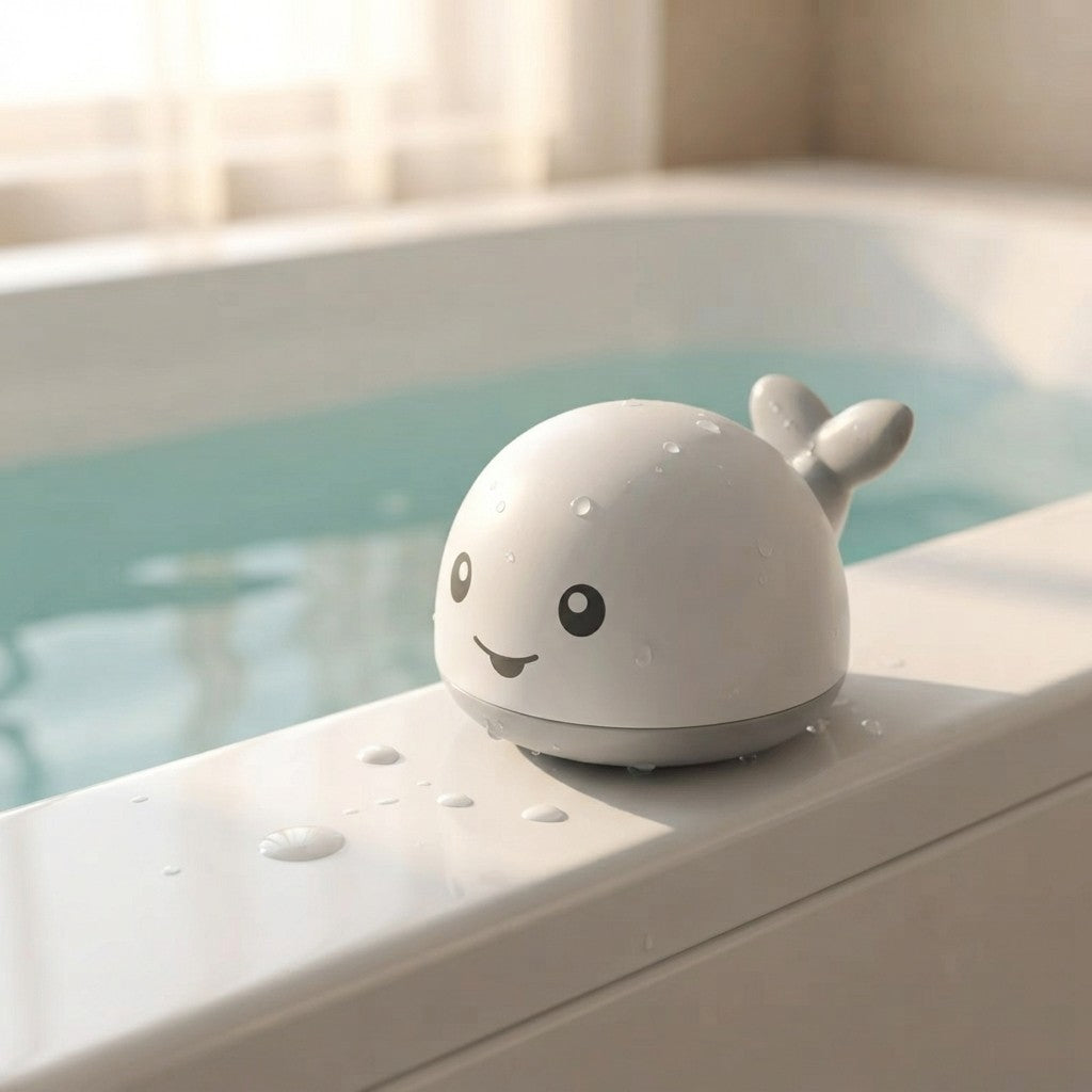 Bebé jugando con la ballena luminosa durante el baño